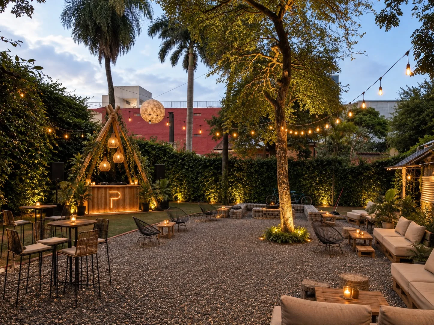 Jardín de POSTA al atardecer con la cabina de DJ de bambú, guirnaldas y árbol iluminado